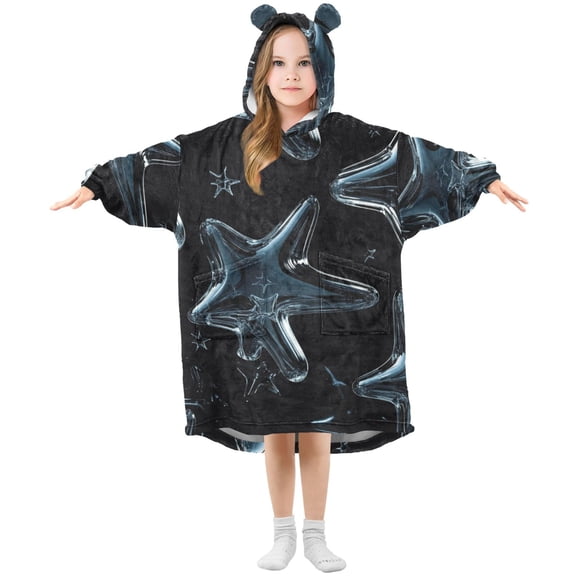 Transparent Glass Stars Flannel Wearable Blankets Hooded Design Long Sleeves Wrap Unisex for 3T-14Y S