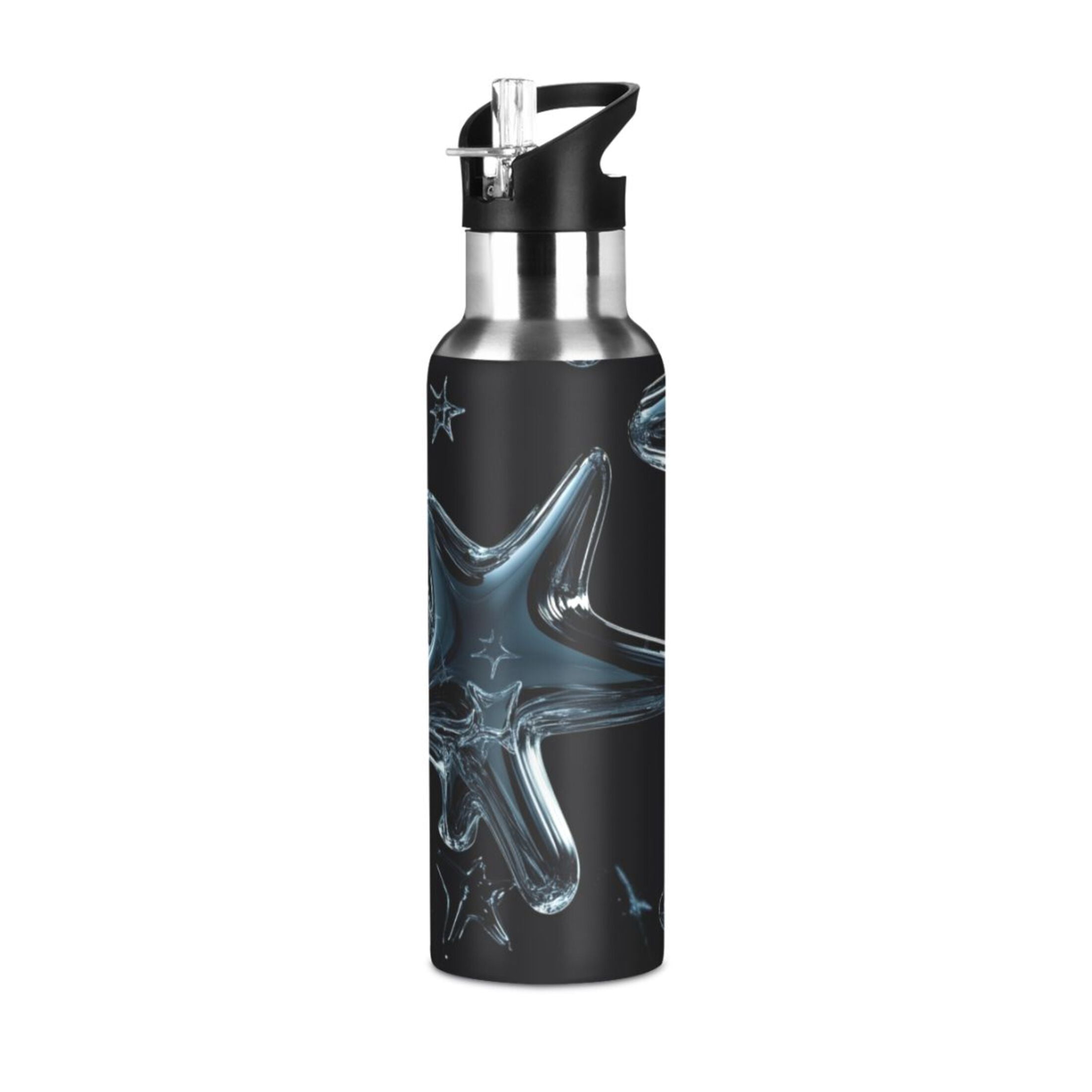 Transparent Glass Stars Sports Bottle with Straw Stainless Steel Water Jug Portable Thermal Cup Leak-proof 1000ML