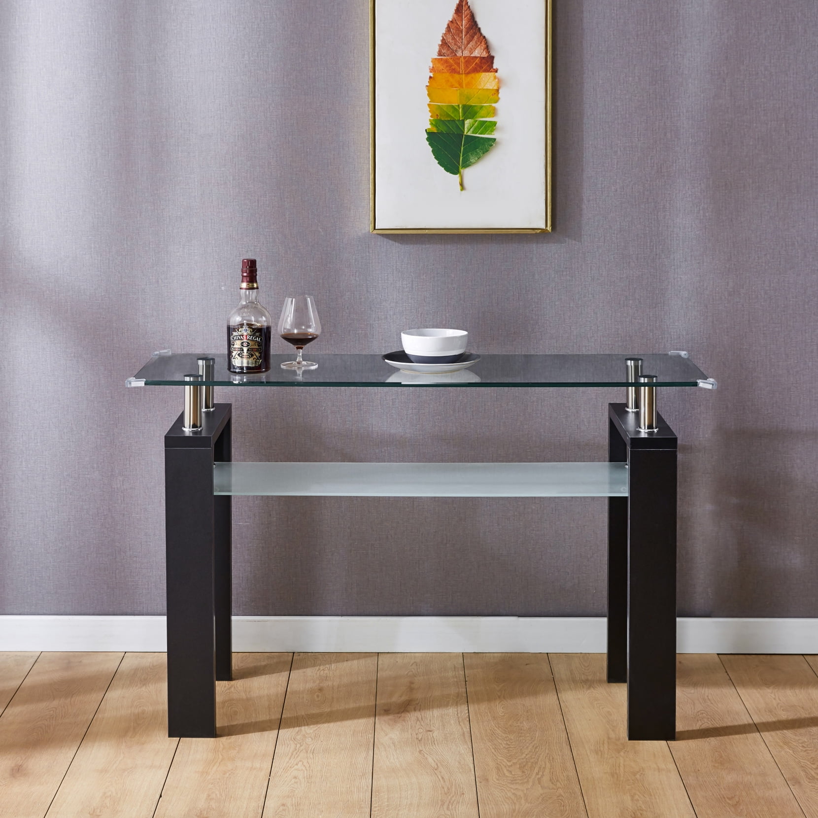 Transparent Glass Top Side Table with Impact Corners, Double Glass Shelf Storage Table Side Table, 47.2'' Modern Living Room Side Table with Wide Legs, Black