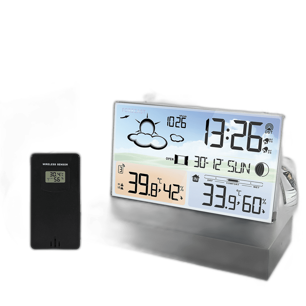 Transparent Glass Weather Clock With Color Screen Rf Wireless MultiFunctional Weather Forecast