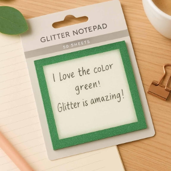 Transparent Glitter Sticky Notes, Cute Adhesive Memo Notepad, See Through To Do List Stationery (Green)