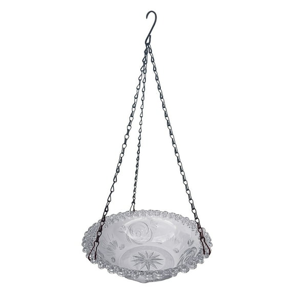 Transparent Grey Glass Bird Bath 9.25", Look Hanging Bird Feeder with Chain, Elegant Flower Plate for Garden, Heavy Duty Outdoor Water Dish for Finches & Sparrows, 15.7" Length