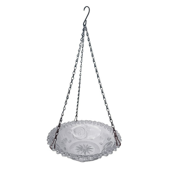 Transparent Grey Glass Bird Bath 9.25", Look Hanging Bird Feeder with Chain, Elegant Flower Plate for Garden, Heavy Duty Outdoor Water Dish for Finches & Sparrows, 15.7" Length