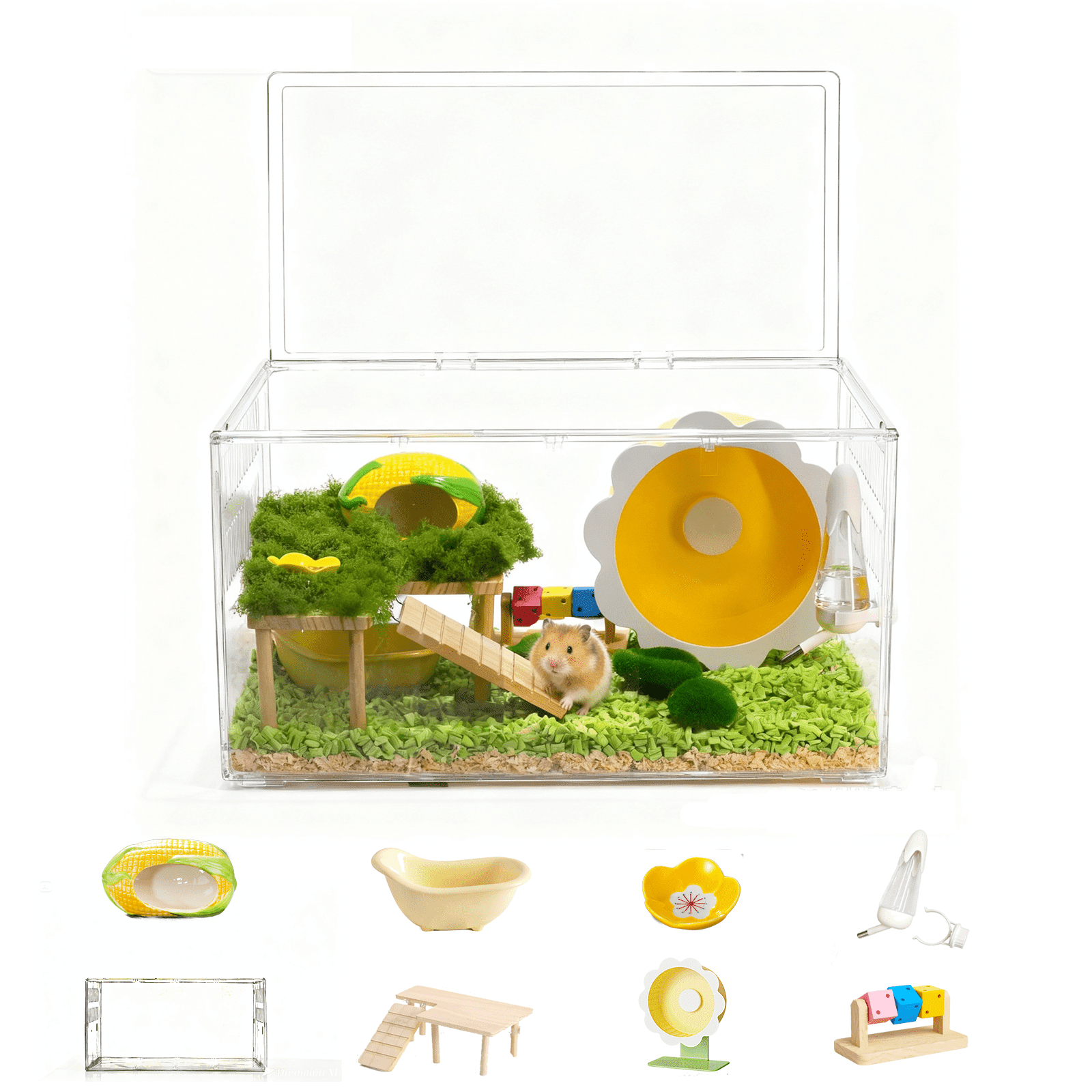 Transparent Hamster Cage with  2nd Floor, Bathhouse, Hideout, Wheel, Toy, Water Bottle & Bowl - Complete Habitat for Hamsters, Mice, Gerbils(23.6 x 13.8 x 12.2 Inches)