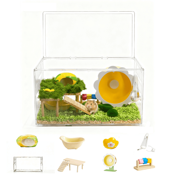Transparent Hamster Cage with 2nd Floor, Bathhouse, Hideout, Wheel, Toy, Water Bottle & Bowl - Complete Habitat for Hamsters, Mice, Gerbils(23.6 x 13.8 x 12.2 Inches)