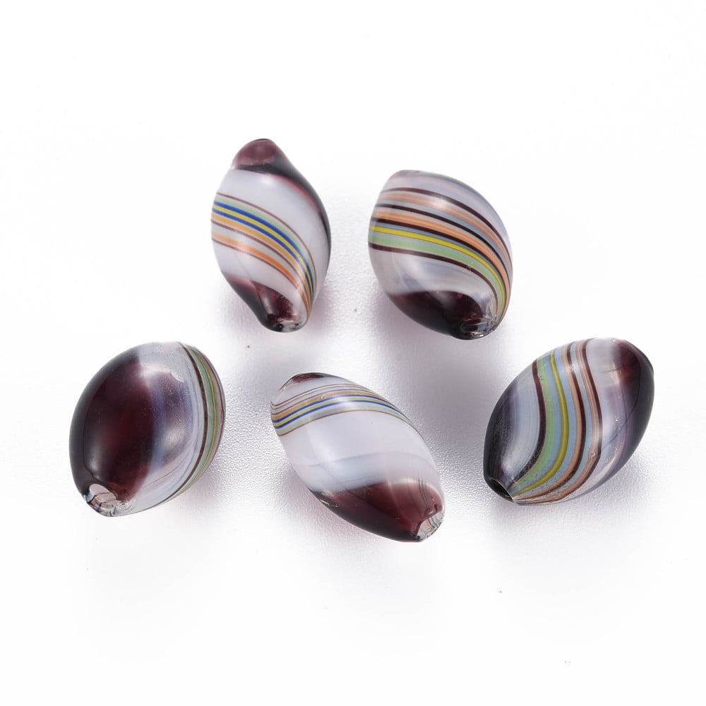 Transparent Handmade Blown Glass Globe Beads Stripe Pattern Oval Coconut Brown 17~18x10~12mm Hole: 1~2mm 50pc