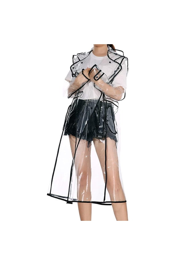 Transparent Hooded Rain Poncho Jacket Waterproof Lightweight Rainwear with Belt Fashion Windbreaker for Camping Hiking Outdoor