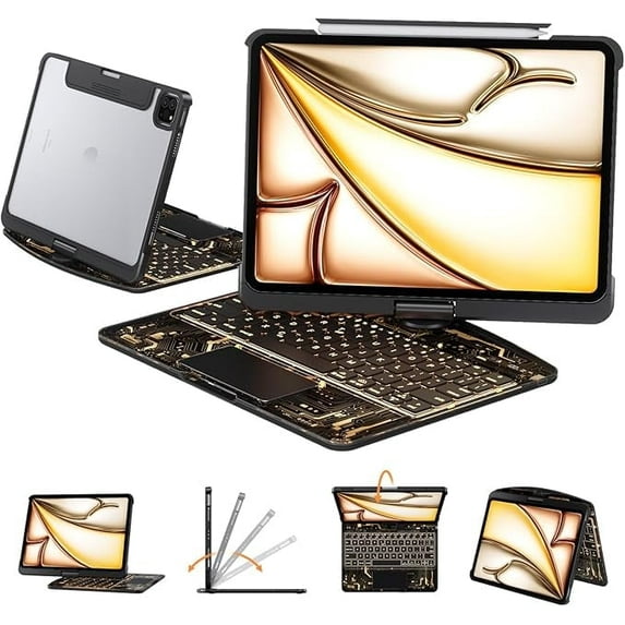 Transparent Keyboard Case for iPad 12.9/13 inch Air6/7/Pro, 360° Rotating Hinge, Full-Size Tactile Keys, 7 Colors Backlight, Trackpad. (Black, 12.9/13-in Air/Pro)
