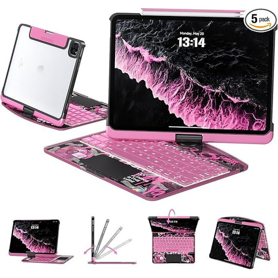 Transparent Keyboard Case for iPad Pro 11 inches 2024(M4), 360° Rotating Hinge, Full-Size Tactile Keys, 7 Colors Backlight, Trackpad. (Pink Glow, 11-in Pro(M4))