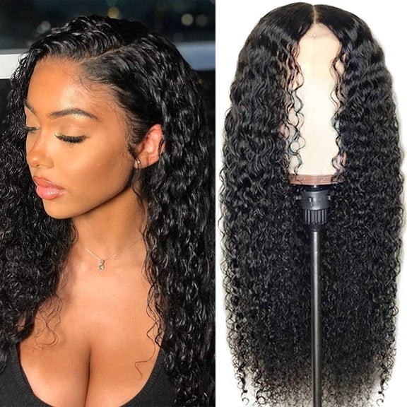 Transparent Lace Front Wig - Water Wave Black Long Curly Hair, 150% Density 4x4 Lace Closure, High Temperature Synthetic Fiber, Deep Wave Style, Party Accessory for Women, Gift for Makeup Organizers