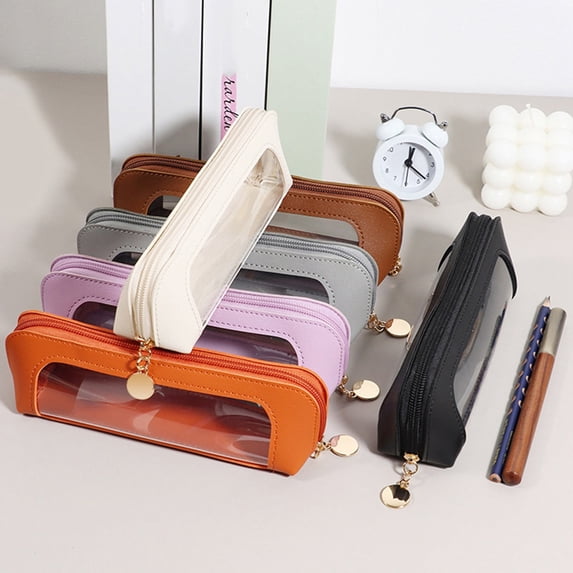 Transparent Leather Pencil Case Large Capacity | Fashionable Durable Stationery Organizer | Soft Leather, Multifunction Cosmetic Bag, 19.5x6x3.5cm, Portable Storage Pouch