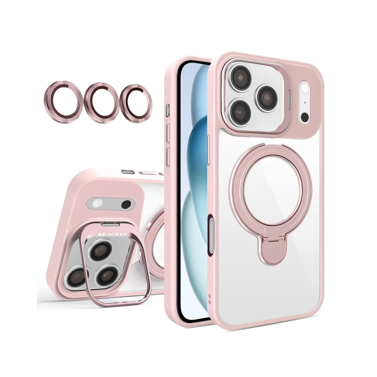 Transparent MagSafe Case with 2 Kickstands and Lens for iPhone 17 Pro Max - Pink