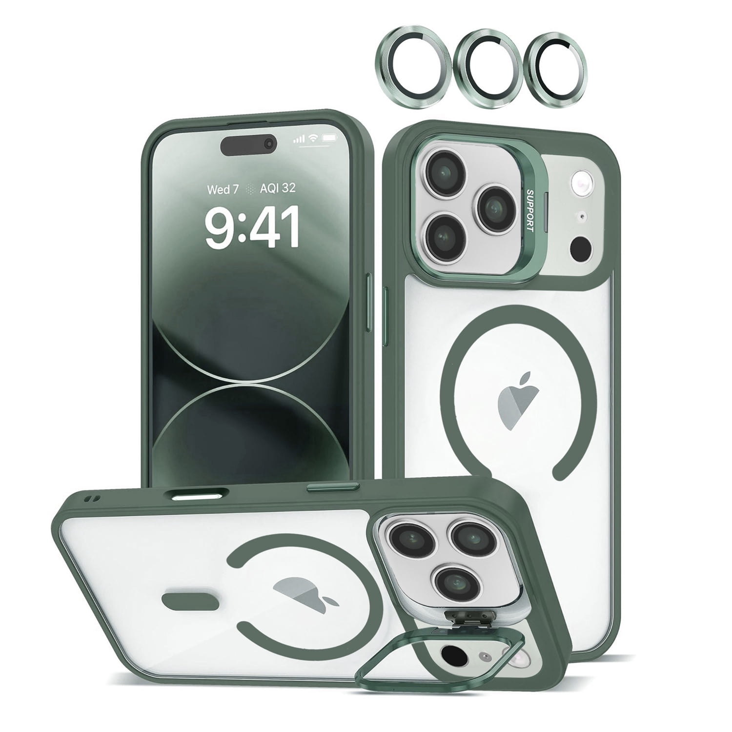Transparent Magnetic Camera Stand Case for iPhone 17 Pro Max - Dark Green