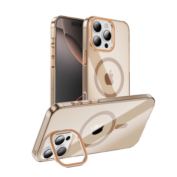 Transparent Magnetic Case for Apple iPhone 16 Pro Max, Camera Lens Kickstand Compatible with Magsafe Shockproof Slim Fit Luxury Back Cover Clear Phone Case for iPhone 16 Pro Max, Gold