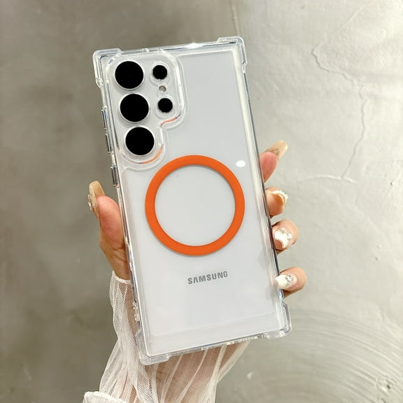 Transparent Magnetic Phone Case for Samsung Galaxy S22 Ultra, Camera Lens Full Protection, Compatible with MagSafe Wireless Charging, Four Corners Shockproof Anti-fall Ultra Slim Phone Cover,Orange