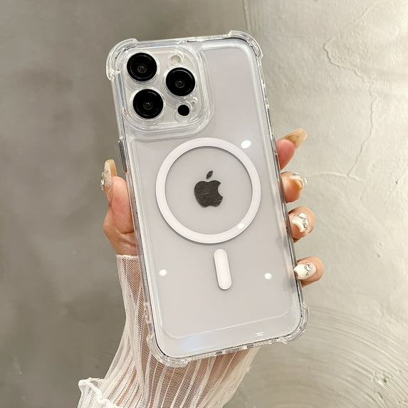 Transparent Magnetic Phone Case for iPhone 14 Plus, Camera Lens Full Protection, Compatible with MagSafe Wireless Charging, Four Corners Shockproof Anti-fall Ultra Slim Phone Cover,White