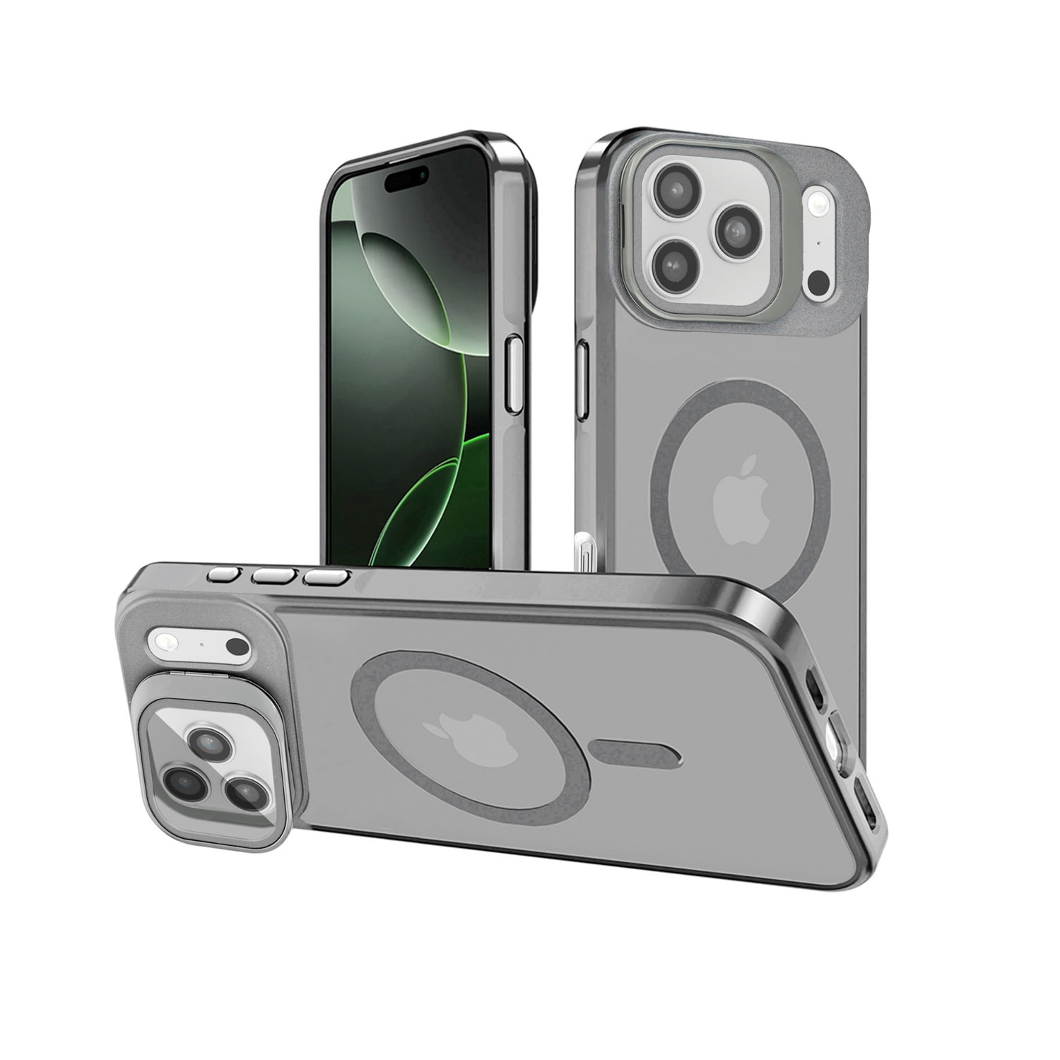 Transparent Magnetic Stand Case with Wireless Charging Support for iPhone 17 Pro Max - Grey