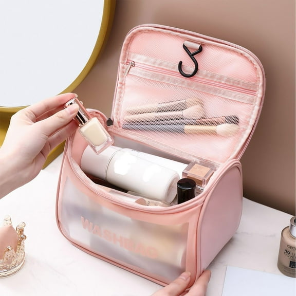 Transparent Makeup Bag for Women Pu Flip Top Cosmetic Wash Bag Translucent Portable Travel Storage Organizer