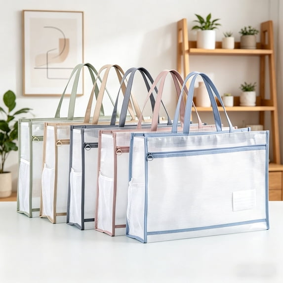 Transparent Mesh Art Portfolio Bag with Zipper Handle Portable Organizer for Posters Documents Storage
