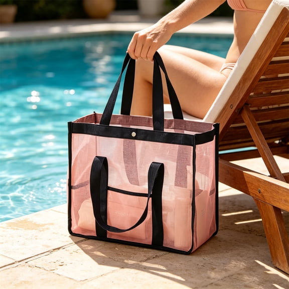 Transparent Mesh Beach Bag Large Capacity Travel Tote Bag Portable Swimming Bag Summer Storage Bag Toiletry Organizer Lightweight Handbag For Beach Pool Vacation And Travel