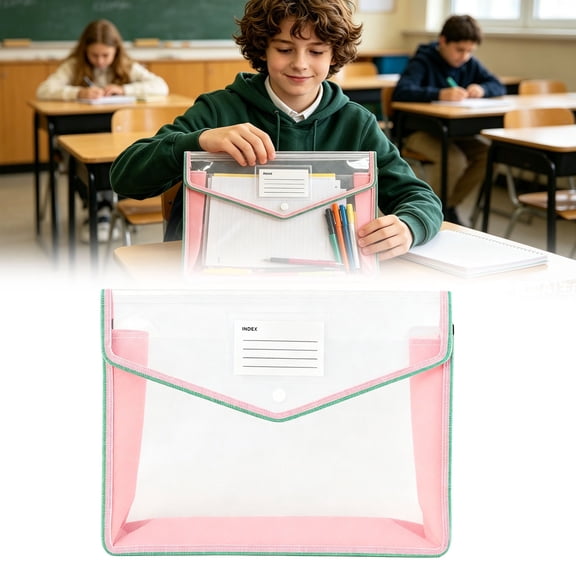 Transparent Mesh Document Folder, Expandable Button Closure File Organizer, See-Through Grid, Label Slot, for Study Office, Pink
