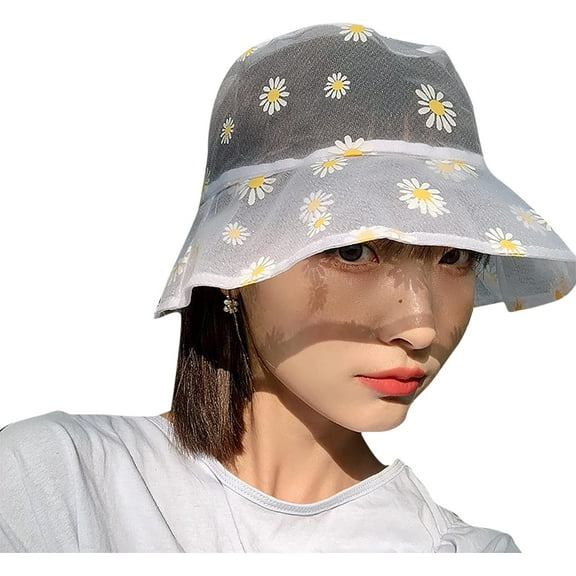 Transparent Mesh Lace Bucket Hat Wide Brim Packable Sun Caps Embroidered Flower Fisherman Hats for Women Girls