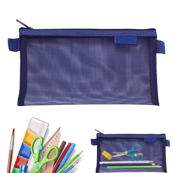 Transparent Mesh Pencil Case Pouch Bag with Large Capacity and Sturdy Zipper, Clear Stationery Pen Pouch for College Students, Dark Blue Storage for Pens, Pencils, Erasers, and Supplies, By Preplabs