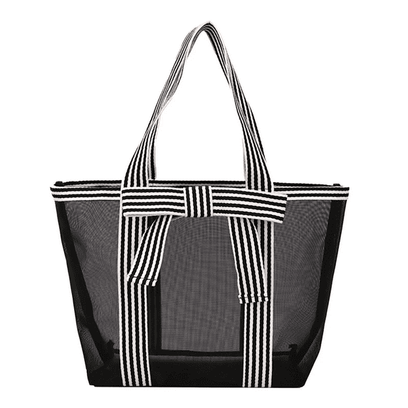 Transparent Mesh Tote Bag for Women, Large Capacity Nylon Beach Bag with Striped Handles, Clear Shoulder Handbag for Shopping, Travel, Swimming