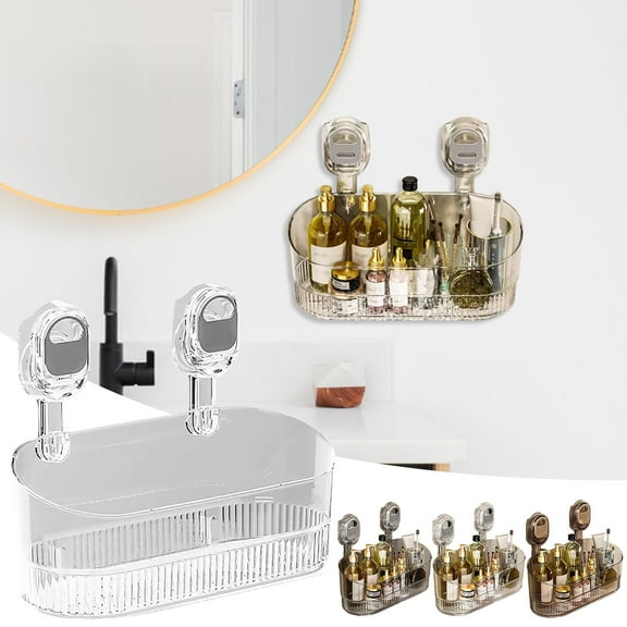 Transparent Multi Functional Suction Cup Wall Mounted Storage Rack, No Drill Bathroom and Kitchen Organizer, Durable Plastic Floating Shelf for Toiletries and Spices, Space Saving Holder