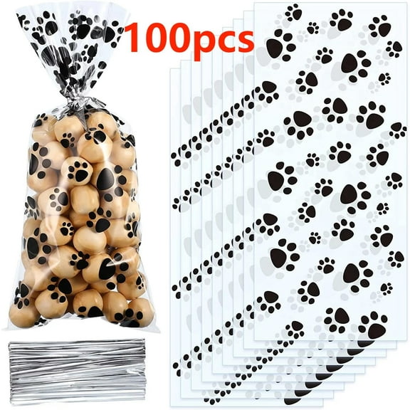 Transparent OPP Bags with Cartoon Dog Paw Print Design 100 Pack 10.8 x 5 Inches Clear Plastic Packaging Bags for Party Favors Cookies Candy
