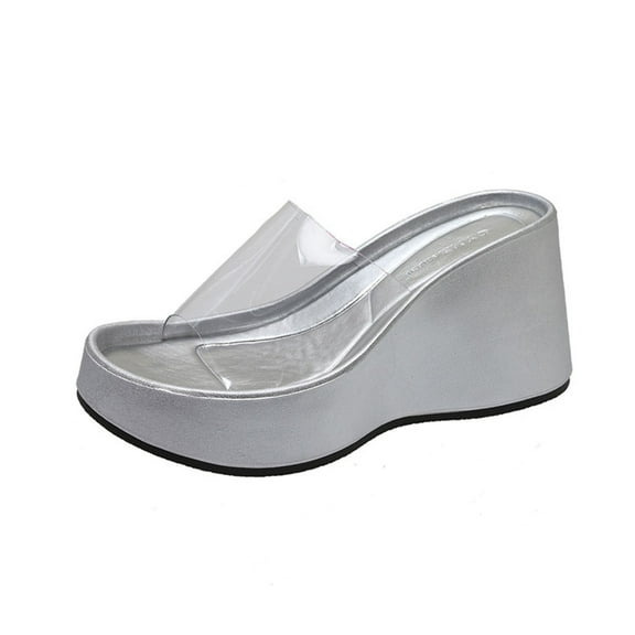 Transparent Open Toe Wedge Heel Slippers for Women, Casual Summer Beach Footwear, Solid Color Thick Sole Sandals Silver,39