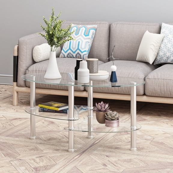Transparent Oval 3-Tier Tempered Glass Coffee Table with Stainless Steel Legs, Modern Living Room Tea Table