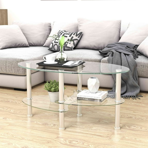 Transparent Oval Glass Coffee Table with Stainless Steel Legs, 3-Layer Design - Modern Tea Table for Living Room