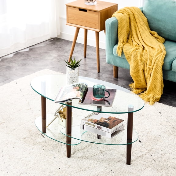 Transparent Oval Table for Living Room | Can Be Used in Office Spaces | Stable Glass and Oak Design | Effortless Cleaning and Use