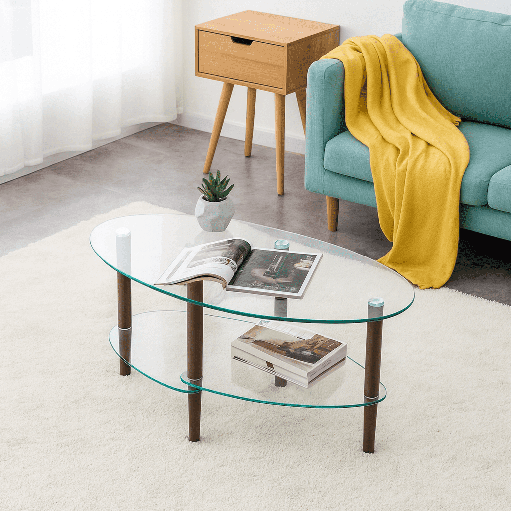 Transparent Oval glass coffee table, modern table in living room Oak ...