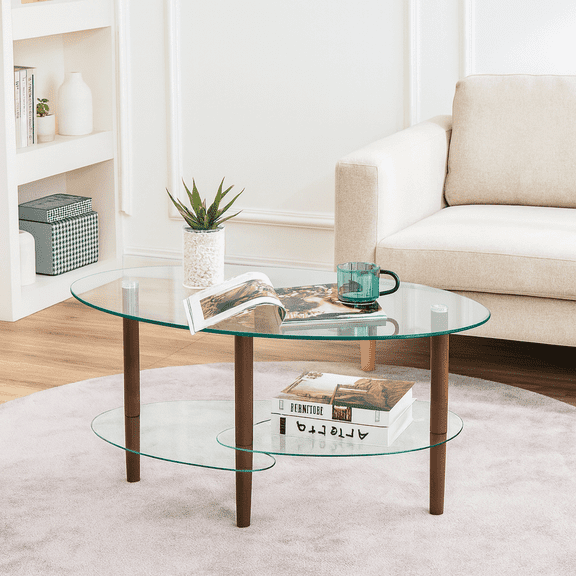 Transparent Oval glass coffee table, modern table in living room Oak wood leg tea table 3-layer glass table