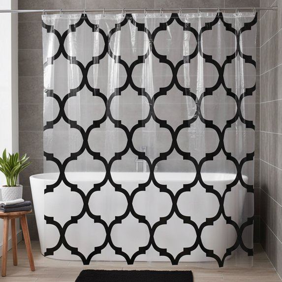 Transparent PEVA Shower Curtain - Black Arabesque Design - 71x71 Inches
