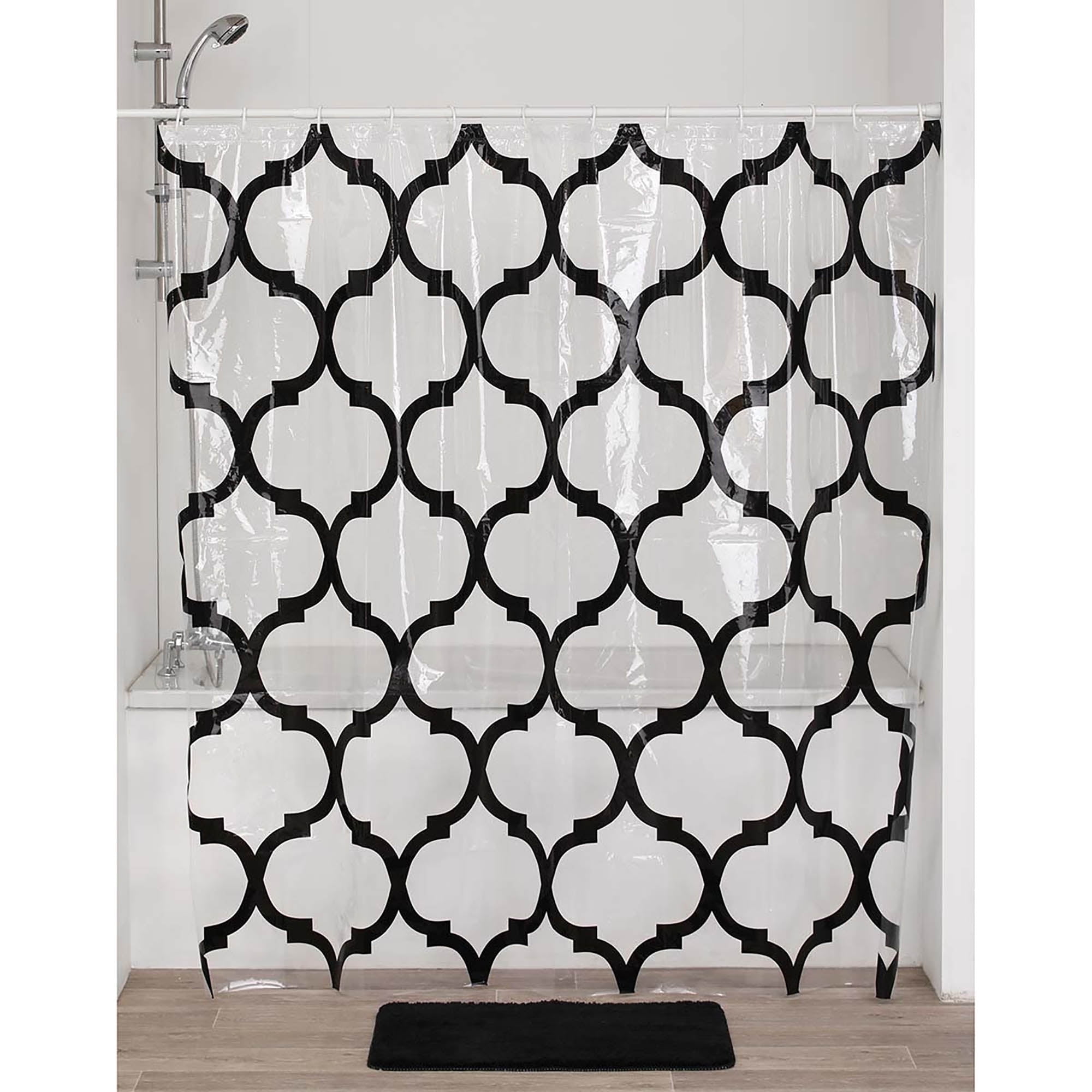 Transparent PEVA Shower Curtain with Black Arabesque Design, 71x71 Inches