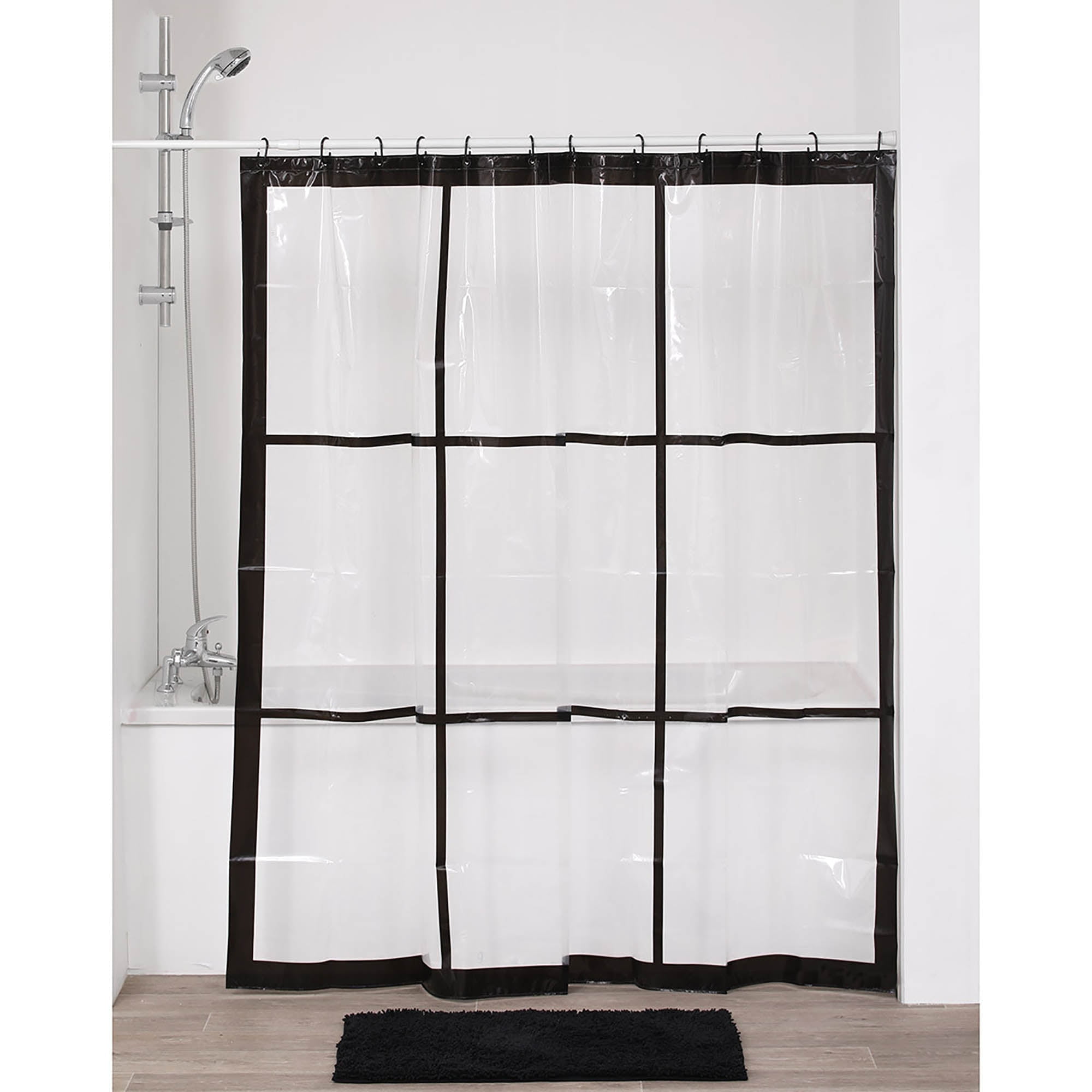 Clear PEVA Shower Curtain with Black Window Design, 71x71 Inches