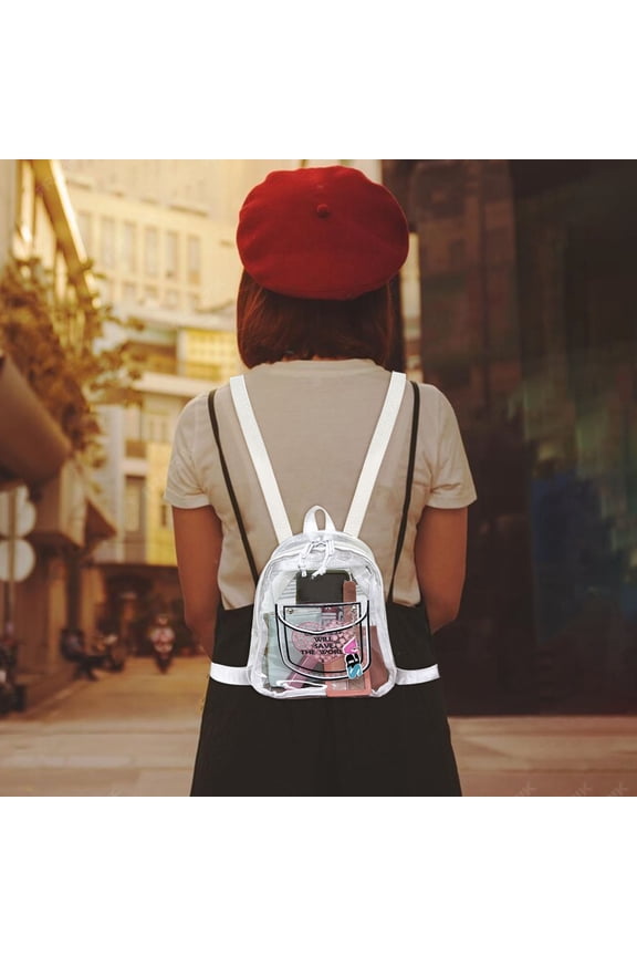 Transparent PVC Backpack, Mini Clear Plastic Bag for Women, Waterproof Daypack with Adjustable Straps & Front Pocket(White)