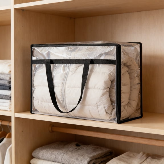 Transparent PVC Clothes Storage Bag with Black Trim, Foldable Quilt Organizer, Zipper Moving Storage Tote with Reinforced Handles, 18.1x9.1x15in