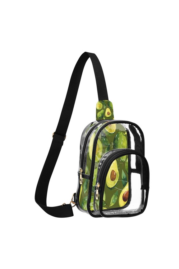 Transparent PVC Crossbody Bag, Printed Shoulder Bag with Compartments, Adjustable Strap Multi-purpose Handbag for Commute Shopping Travel Avocado Berry Seamless Showcase