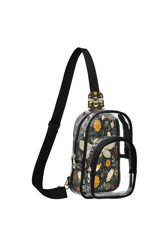 Transparent PVC Crossbody Bag, Printed Shoulder Bag with Compartments, Adjustable Strap Multi-purpose Handbag for Commute Shopping Travel Beautiful Bumblebee Illustration
