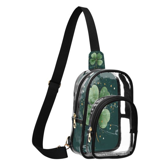 Transparent PVC Crossbody Bag, Printed Shoulder Bag with Compartments, Adjustable Strap Multi-purpose Handbag for Commute Shopping Travel Beautiful Four-leaf Clover