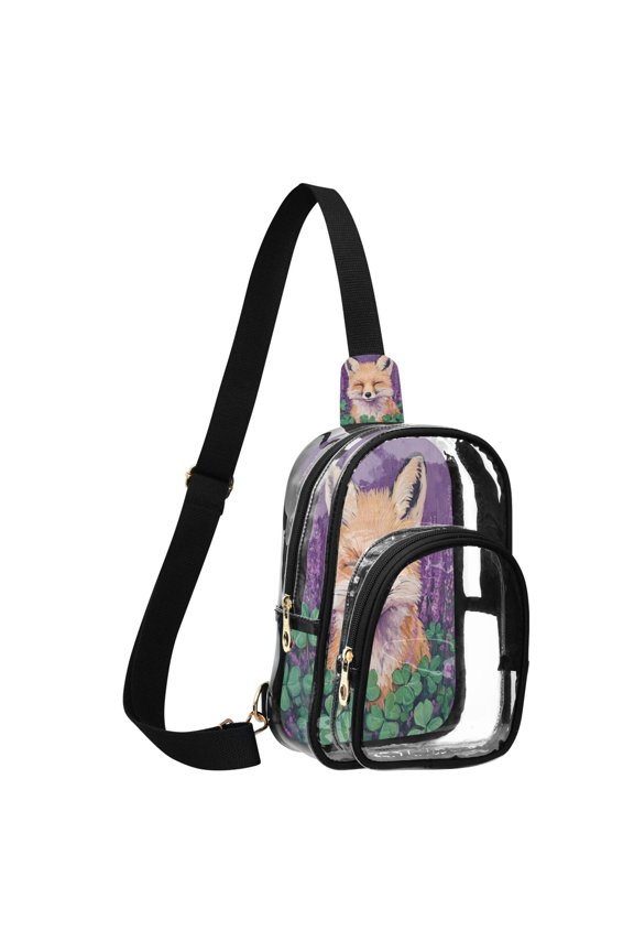 Transparent PVC Crossbody Bag, Printed Shoulder Bag with Compartments, Adjustable Strap Multi-purpose Handbag for Commute Shopping Travel Cute Sleeping Fox