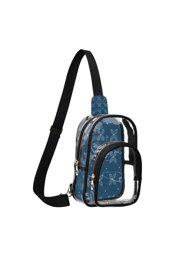 Transparent PVC Crossbody Bag, Printed Shoulder Bag with Compartments, Adjustable Strap Multi-purpose Handbag for Commute Shopping Travel Dark Blue Floral