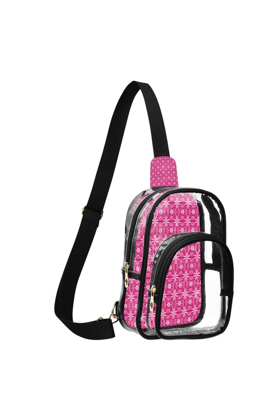 Transparent PVC Crossbody Bag, Printed Shoulder Bag with Compartments, Adjustable Strap Multi-purpose Handbag for Commute Shopping Travel Dark Pink Pattern