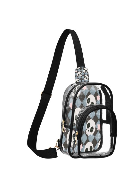 Transparent PVC Crossbody Bag, Printed Shoulder Bag with Compartments, Adjustable Strap Multi-purpose Handbag for Commute Shopping Travel Grey Skull Phantom
