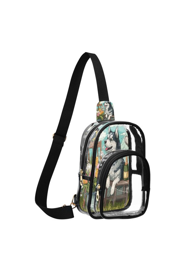 Transparent PVC Crossbody Bag, Printed Shoulder Bag with Compartments, Adjustable Strap Multi-purpose Handbag for Commute Shopping Travel Husky and Bird