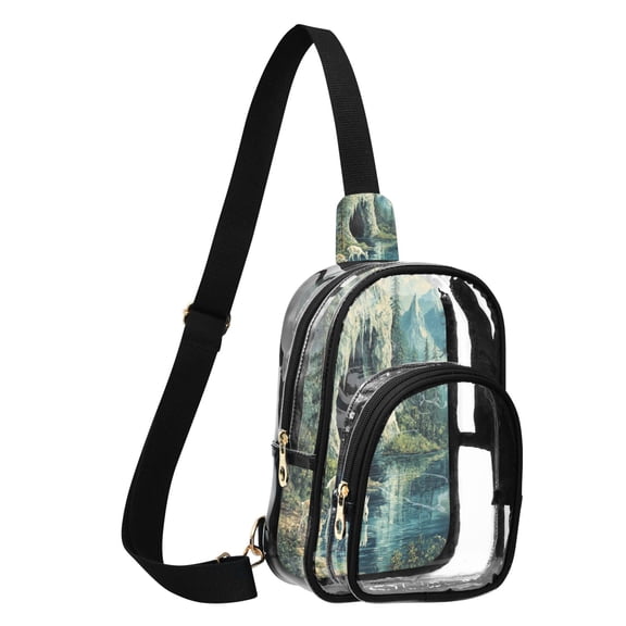 Transparent PVC Crossbody Bag, Printed Shoulder Bag with Compartments, Adjustable Strap Multi-purpose Handbag for Commute Shopping Travel Little Deer Stream Water